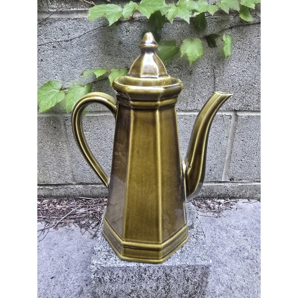 Vintage Georges Briard Pfaltzgraff Green Coffee Pot Carafe w/ Lid 13"x9"x6.5" - Picture 2 of 7